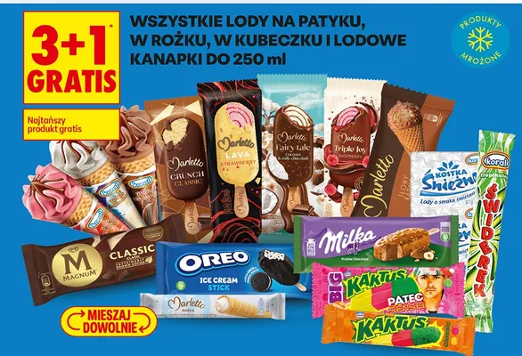 Wszystkie lody na patyku, w rożku, w kubeczku i lodowe kanapki 3+1 GRATIS promocja w Biedronka