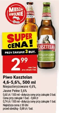Piwo Kasztelan 4,6-5,6% Niepasteryzowane Jasne Pełne promocja w Twój Market