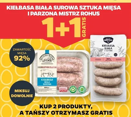 Kiełbasa biała surowa sztuka Męsa i Parzona mistrz Rohus promocja w Netto