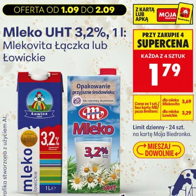 Mleko UHT Mlekovita Łączka 3,2% promocja w Biedronka