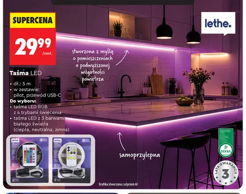 Taśma LED z 3 barwami białego światła Lethe promocja w Biedronka