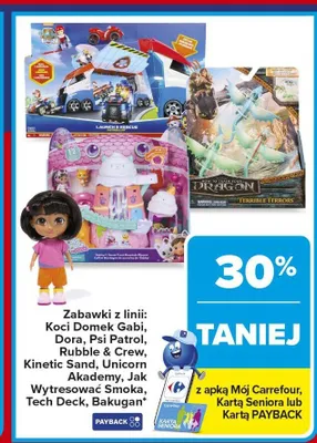 Zabawki z linii: Koci Domek Gabi, Dora, Psi Patrol, Rubble & Crew, Kinetic Sand, Unicorn Akademy, Jak Wytresować Smoka, Tech Deck, Bakugan promocja w Carrefour Market