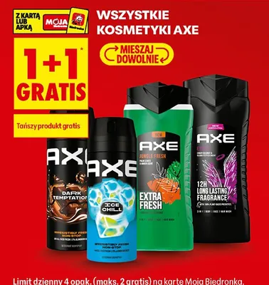 Wszystkie kosmetyki Axe 1+1 GRATIS promocja w Biedronka