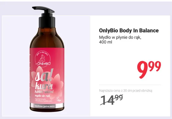 Mydło w płynie do rąk OnlyBio Body In Balance Kwiat Wiśni promocja w Rossmann