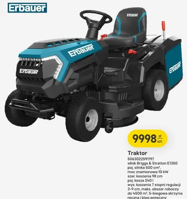 Traktor 5063022591197 silnik Briggs & Stratton E1350 poj. silnika 500 cm³ moc znamionowa 10kW szer. koszenia 98cm poj. kosza 240l wys. koszenia 7 stopni regulacji 3-9cm maks. obszar roboczy do 4500 m² 5-biegowa skrzynia ręczna i bieg wsteczny promocja w Castorama