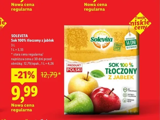 Sok 100% tłoczony z jabłek Solevita promocja w Lidl