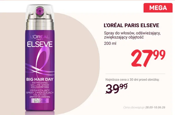 Spray do włosów L'Oréal Paris Elseve Big Hair Day promocja w Rossmann