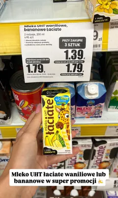 Mleko UHT o smaku bananowym Łaciate promocja w Dino