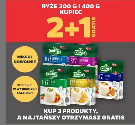 Ryże 300 g i 400 g marki Kupiec 2+1 GRATIS promocja w Netto