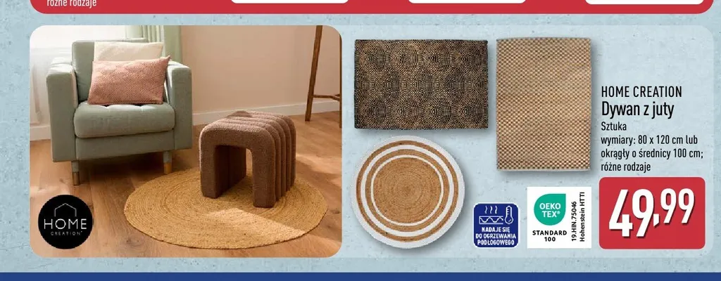 Dywan z juty HOME CREATION okrągły śr. 100 cm promocja w Aldi