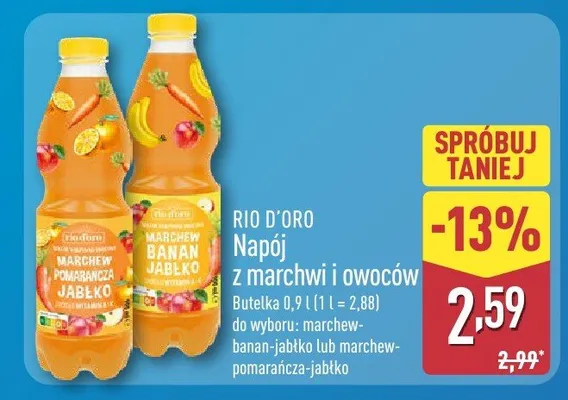 Napój z marchwi i owoców do wyboru: marchew-banan-jabłko lub marchew-pomarańcza-jabłko promocja w Aldi