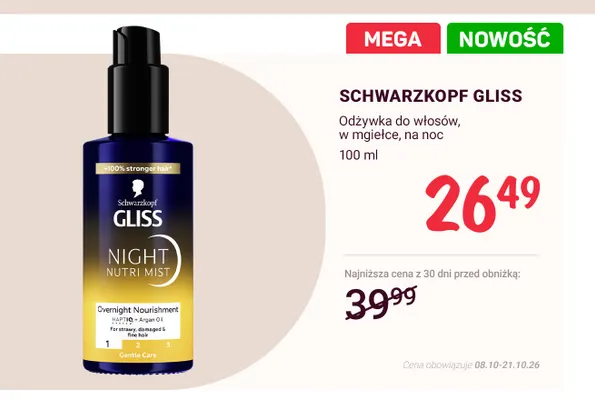Odżywka do włosów w mgiełce na noc Schwarzkopf Gliss promocja w Rossmann