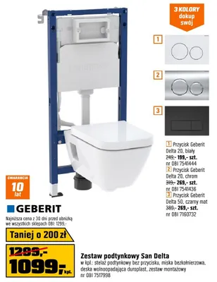 Zestaw podtynkowy Geberit San Delta stelaż podtynkowy bez przycisku miska bezkołnierzowa deska wolnoopadająca duroplast zestaw montażowy nr OBI 7517998 promocja w OBI