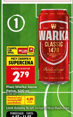 Piwo Warka Jasne Pełne promocja w Biedronka