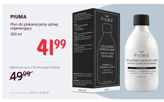 Płyn do płukania jamy ustnej regenerujący Piuma promocja w Rossmann