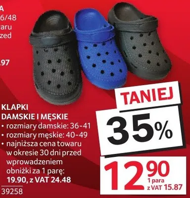 Klapki damskie i męskie rozmiary damskie 36-41, męskie 40-49 promocja w Selgros