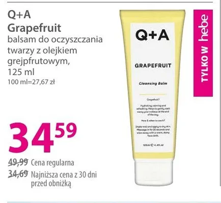 Balsam do oczyszczania twarzy z olejkiem grejpfrutowym Q+A Grapefruit promocja w Hebe