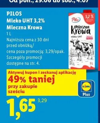 Mleko UHT 3,2% Mleczna Krowa Pilos promocja w Lidl
