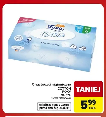 Chusteczki higieniczne Cotton Foxy 3-warstwowe promocja w Carrefour Market