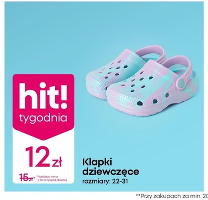 Klapki dziewczęce rozmiary: 22-31 promocja w Pepco