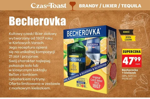 Likier ziołowy Becherovka + kieliszek promocja w Biedronka