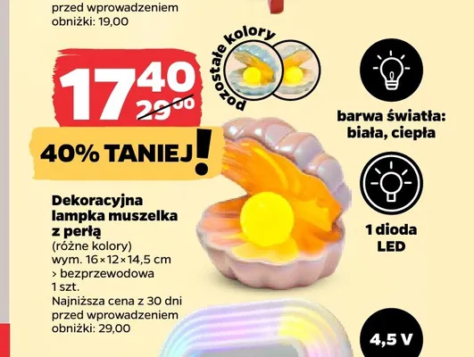 Dekoracyjna lampka muszelka z perłą promocja w Netto