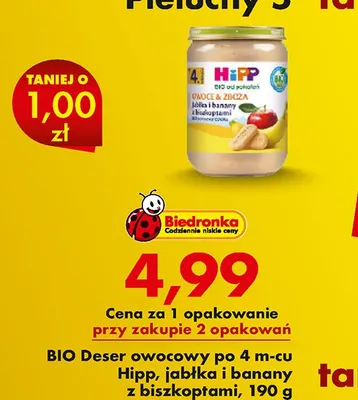 BIO Deser owocowy po 4m-cu Hipp jabłka i banany z biszkoptami promocja w Biedronka