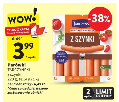 Parówki z szynki z serem cheddar Tarczyński promocja w Intermarche