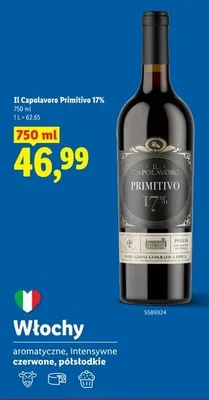 Wino czerwone półsłodkie Il Capolavoro Primitivo 17% promocja w Lidl
