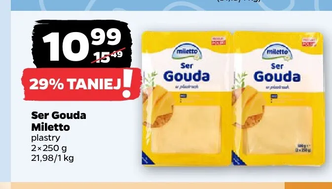 Ser gouda w plastrach 2-pak Miletto promocja w Netto
