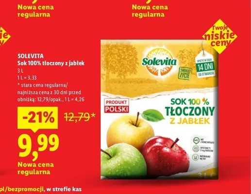 Sok 100% tłoczony z jabłek Solevita promocja w Lidl