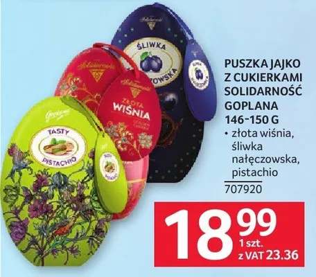 Puszka jajko z cukierkami solidarność 146-150g złota wiśnia, śliwka nałęczowska, pistachio promocja w Selgros