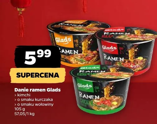 Danie ramen (różne rodzaje) kimchi, o smaku kurczaka, o smaku wołowiny promocja w Netto