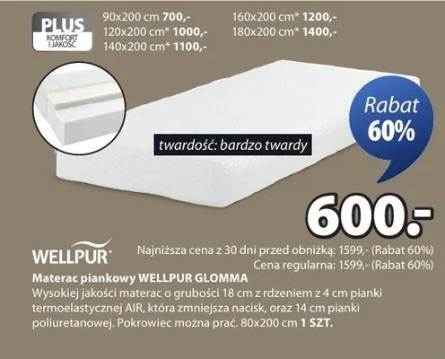 Materac piankowy Wellpur Glomma promocja w Jysk