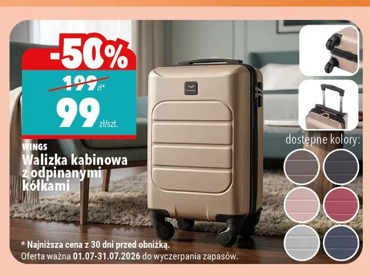 Walizka kabinowa Wings z odpinanymi kółkami promocja w Biedronka Home