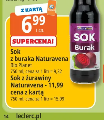 Sok z żurawiny Naturavena promocja w Leclerc
