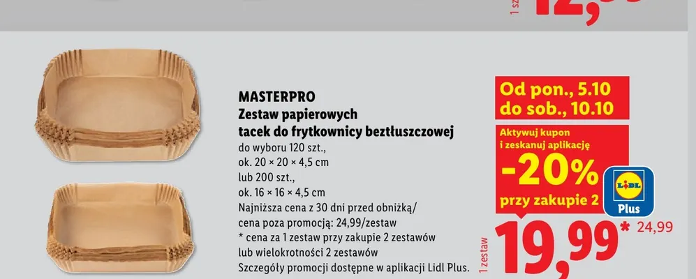 Zestaw papierowych tacek do frytkownicy beztłuszczowej 20x20x4,5 cm Masterpro promocja w Lidl