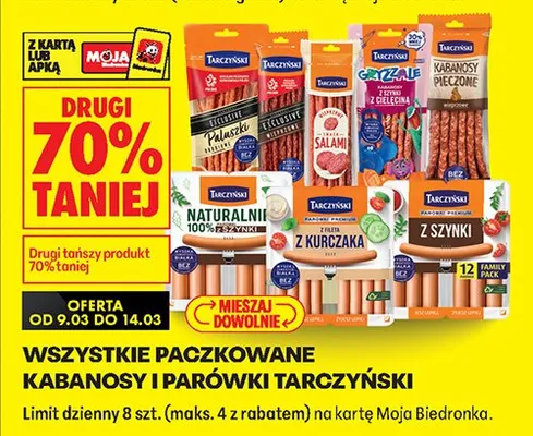 Wszystkie paczkowane kabanosy i parówki tarczyński promocja w Biedronka