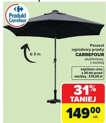Parasol ogrodowy prosty Carrefour aluminiowy z korbką promocja w Carrefour