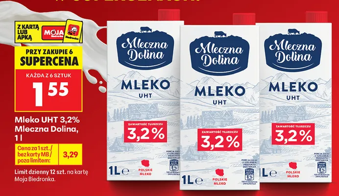 Mleko UHT Mleczna Dolina 3,2% promocja w Biedronka