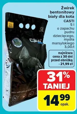 Żwirek bentonitowy biały dla kota CASTI różne rodzaje o zapachu pudru dziecięcego, myśli marsylskiego 5,00l promocja w Carrefour