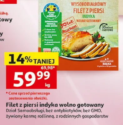 Filet z piersi indyka wolno gotowany wysokobiałkowy Auchan Dział Samoobsługi bez antybiotyków bez GMO promocja w Auchan