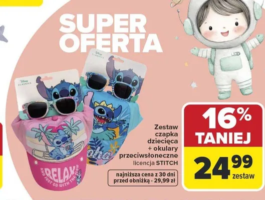 Zestaw czapka dziecięca + okulary przeciwsłoneczne licencja STITCH promocja w Carrefour