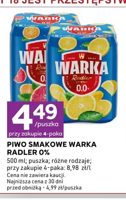 Piwo bezalkoholowe smakowe Warka Radler promocja w Stokrotka