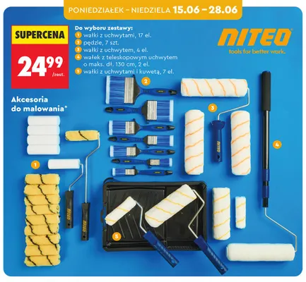 Akcesoria do malowania NITEO wałki z uchwytami i kuwetą 7 el. promocja w Biedronka