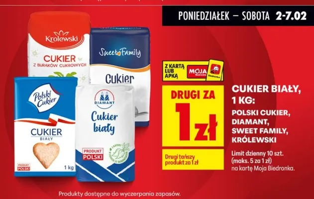 Cukier biały 1 kg: Polski Cukier, Diamant, Sweet Family, Królewski promocja w Biedronka