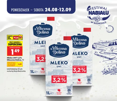 Mleko UHT Mleczna Dolina 3,2% promocja w Biedronka
