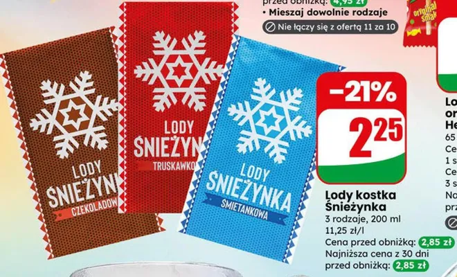 Lody kostka Śnieżynka - 3 rodzaje promocja w Dino