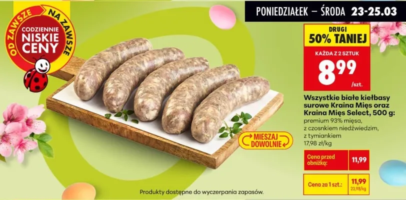 Wszystkie białe kiełbasy surowe Kraina Mięs, 500 g promocja w Biedronka