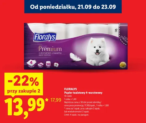 Papier toaletowy 4-warstwowy Floralys 10-pak promocja w Lidl